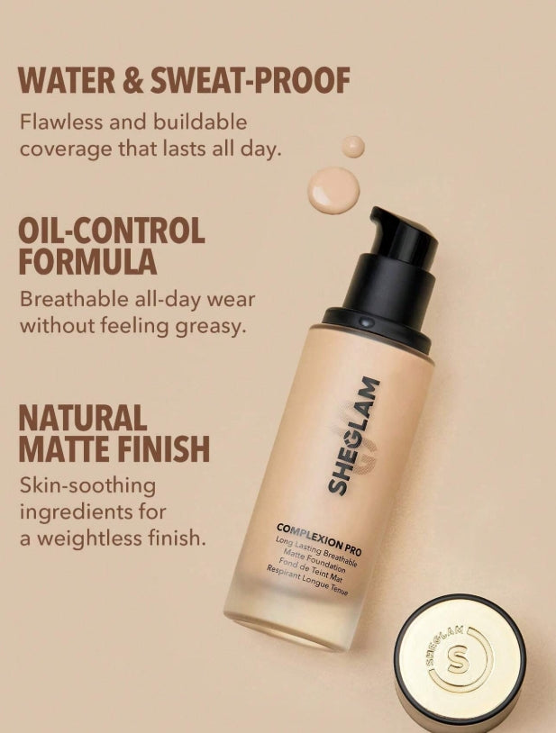 SHEGLAM Fond De Teint Mat Respirant Longue Tenue Complexion Pro-