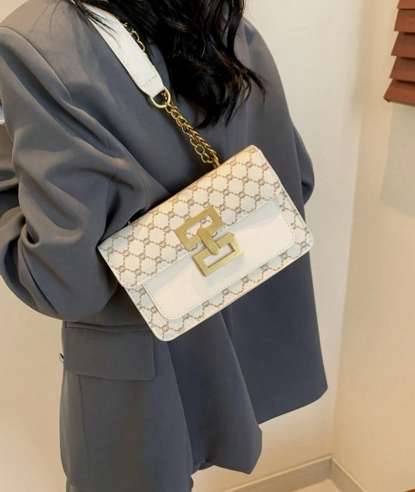 Sac à épaule pour femme avec motif floral vintage et bandoulière en chaîne,