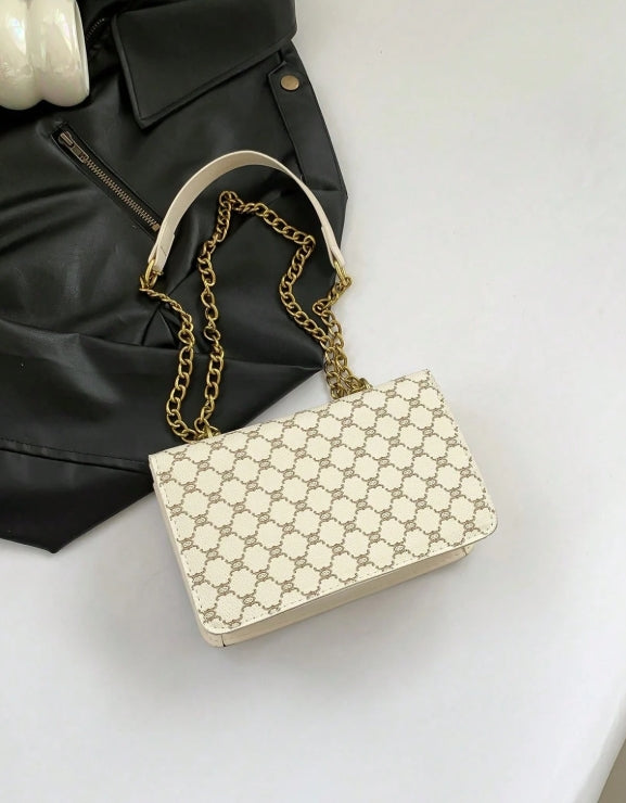 Sac à épaule pour femme avec motif floral vintage et bandoulière en chaîne,