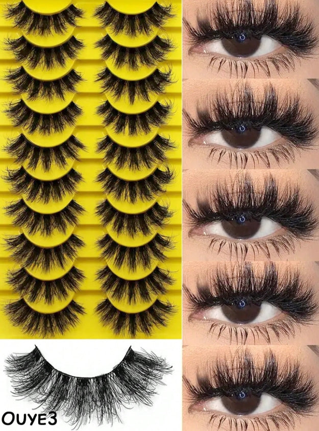 10 paires de faux cils 3D frisés et moelleux de style russe, cils denses et ébouriffés