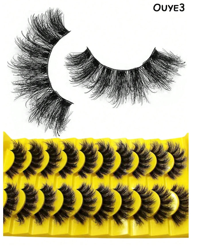 10 paires de faux cils 3D frisés et moelleux de style russe, cils denses et ébouriffés
