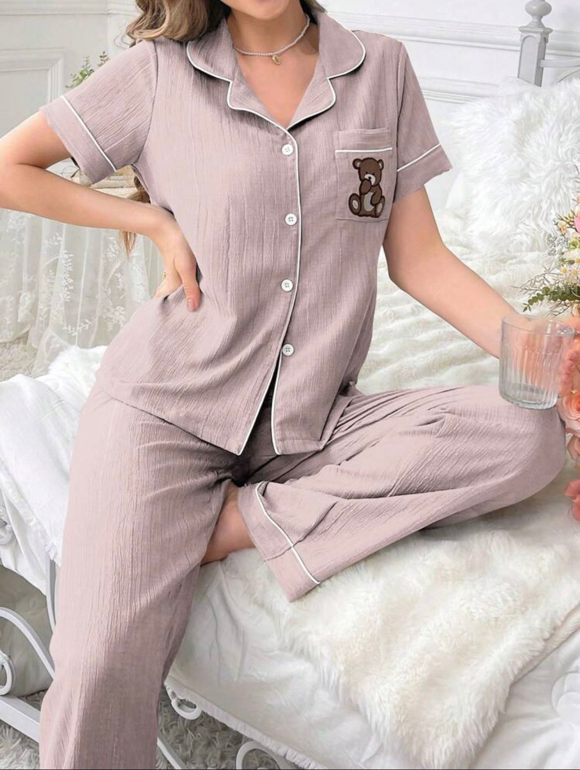 Bear Embroidery Contrast women PJ