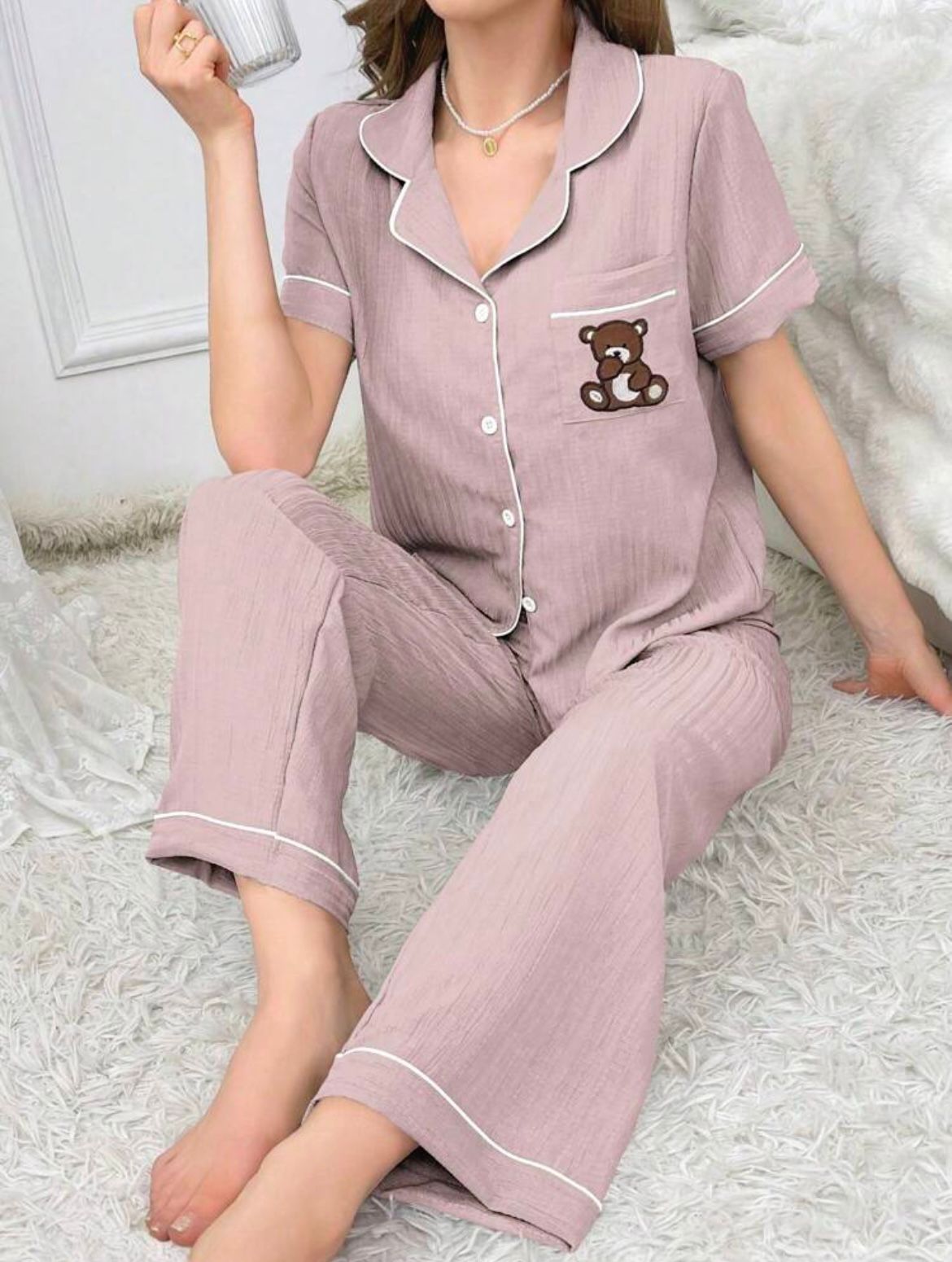 Bear Embroidery Contrast women PJ