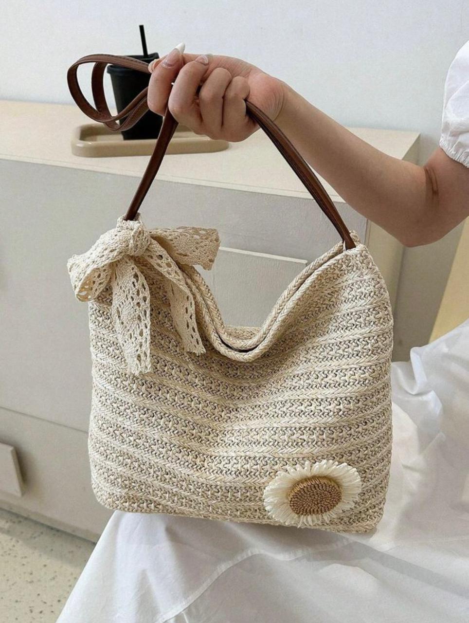 Chic Sunflower Woven Tote Bag,