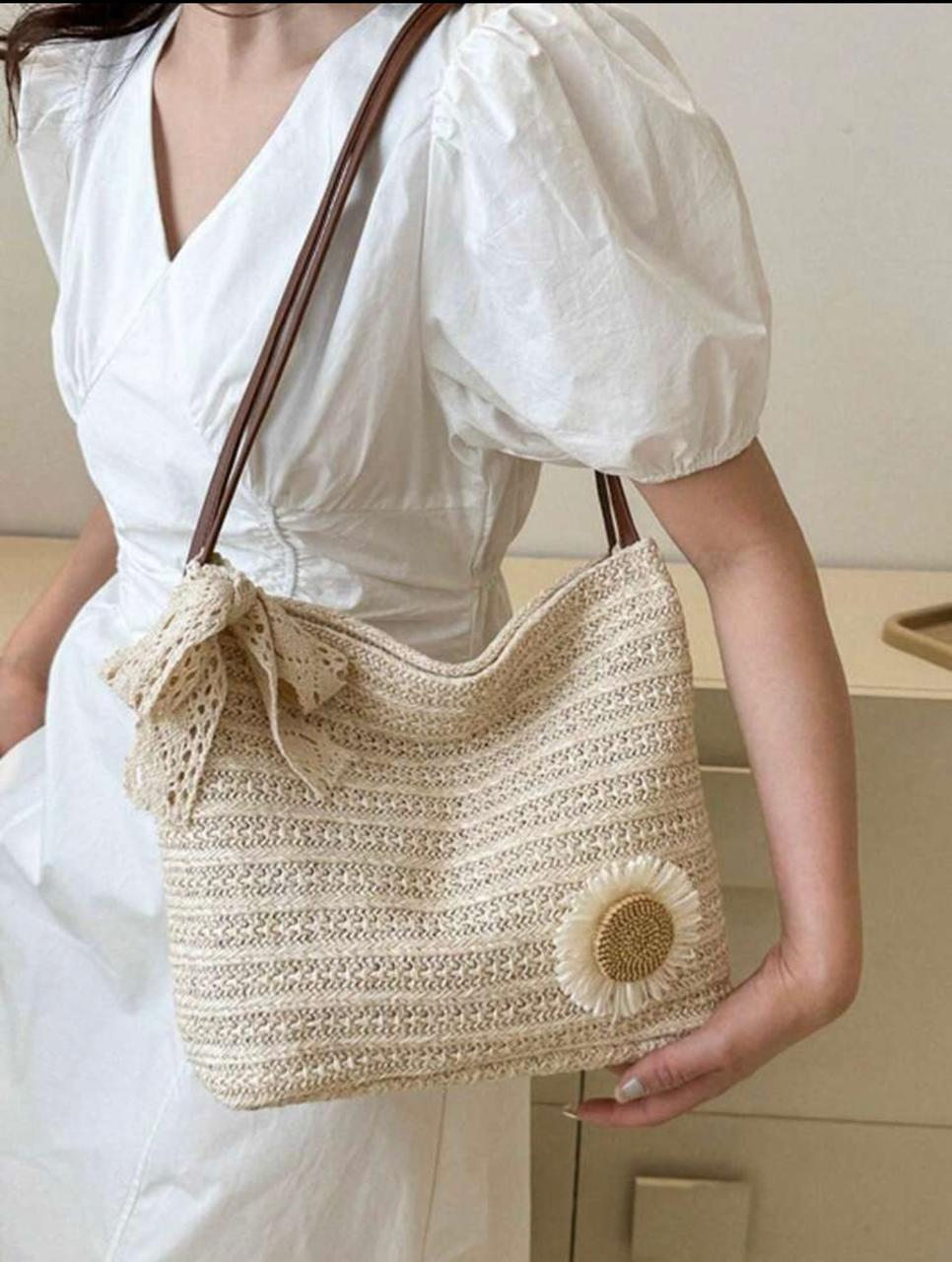 Chic Sunflower Woven Tote Bag,