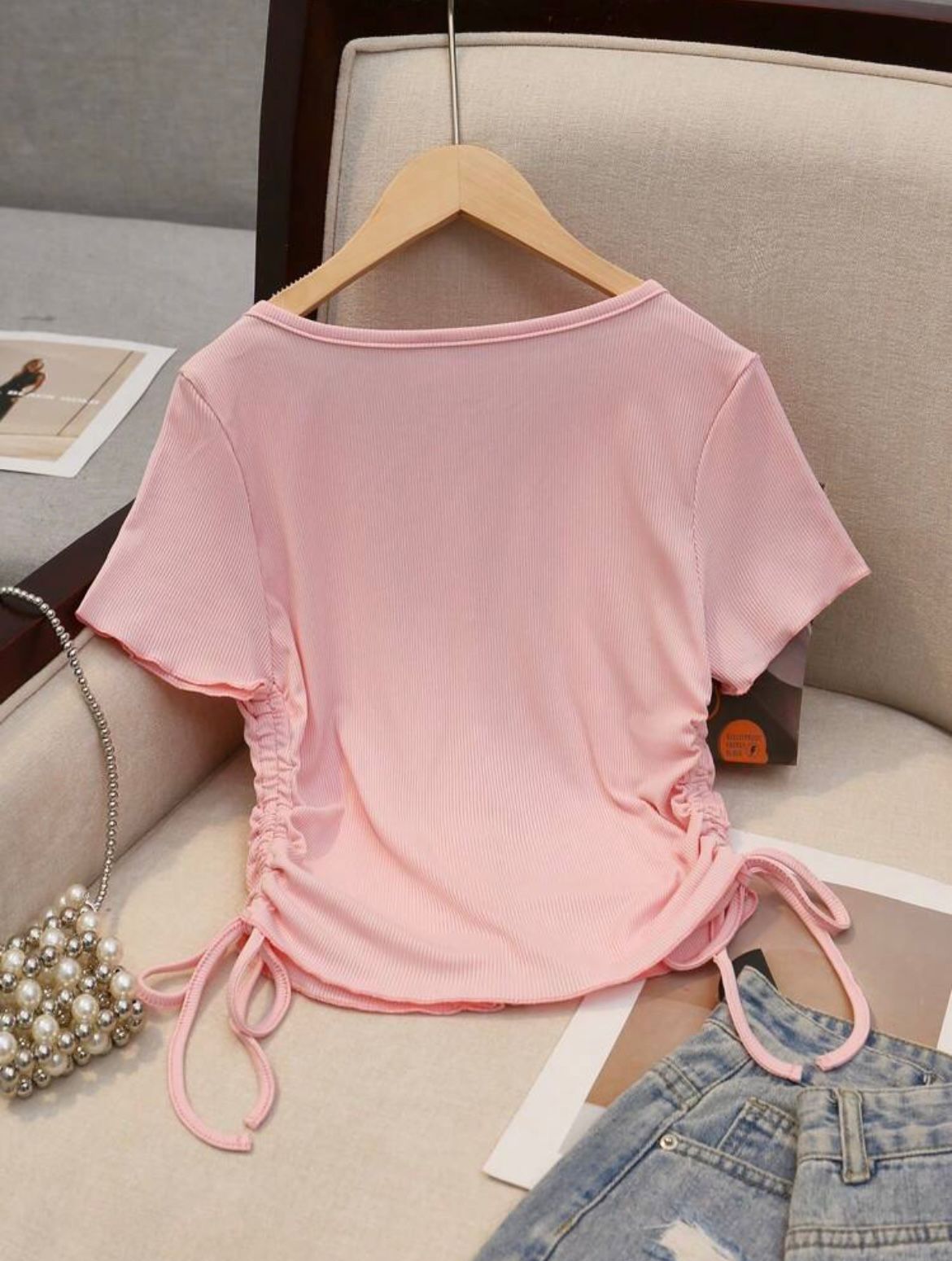 Solid Color Drawstring Round Neck T SHIRT