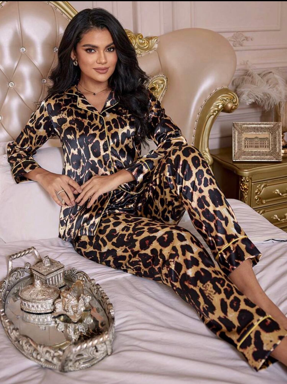 LuxeNights Print Contrast Binding Satin PJ