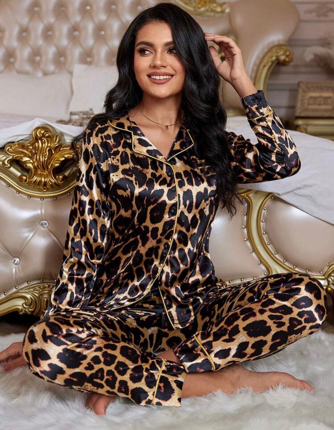 LuxeNights Print Contrast Binding Satin PJ