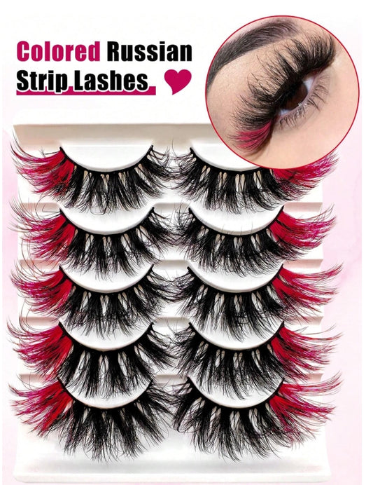 5 paires de cils rouges en fausse fourrure moelleux,