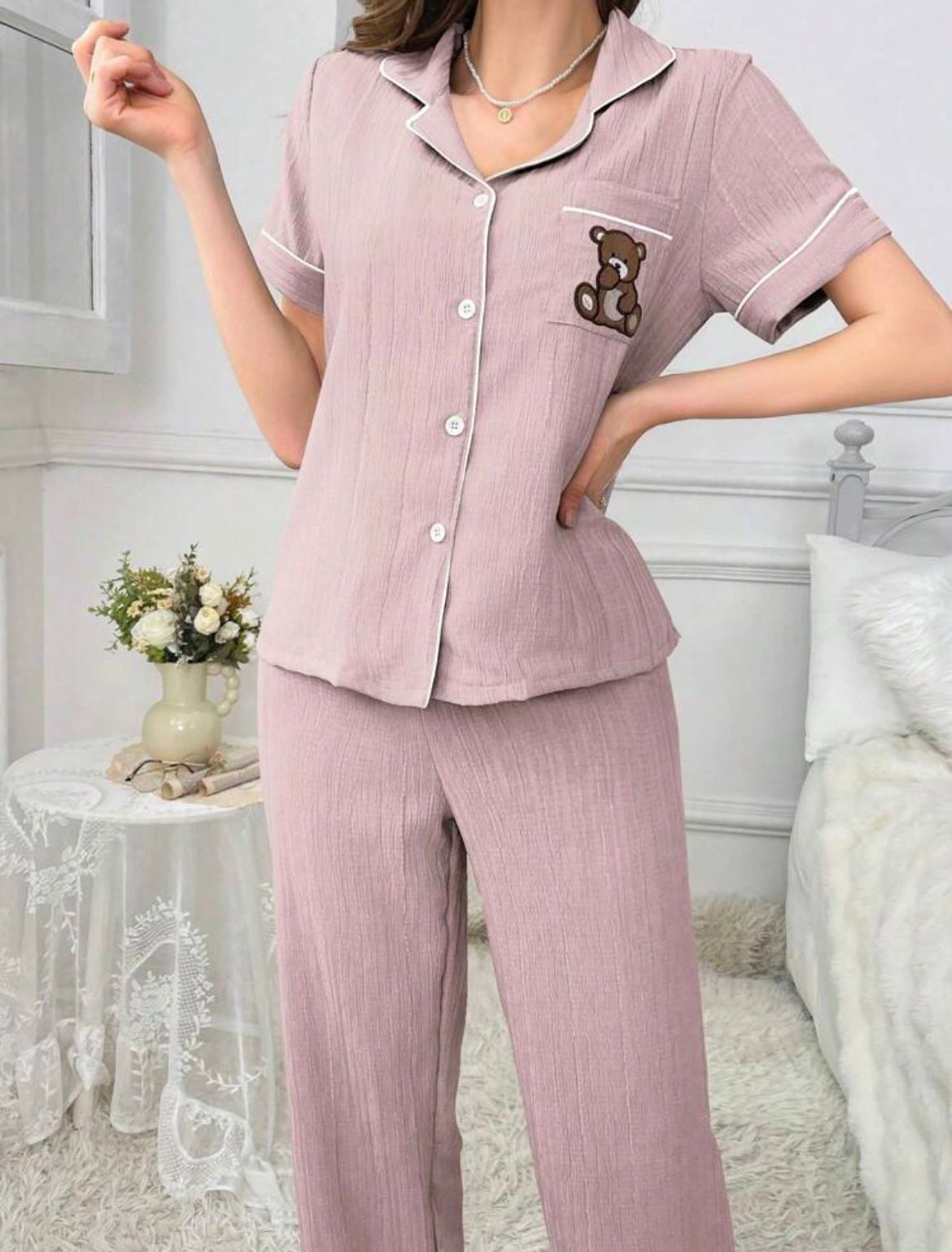 Bear Embroidery Contrast women PJ