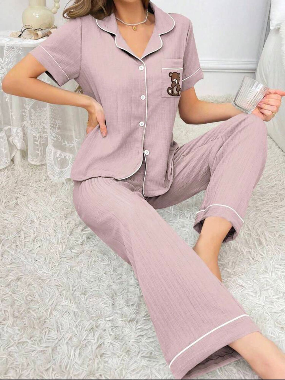 Bear Embroidery Contrast women PJ