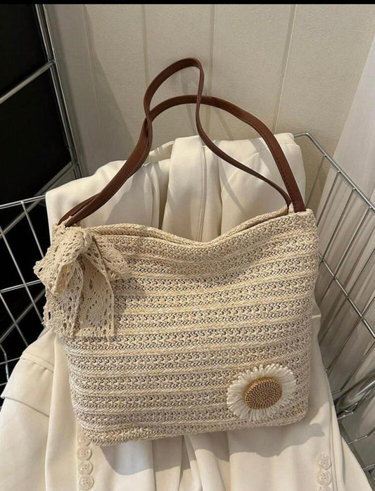 Chic Sunflower Woven Tote Bag,