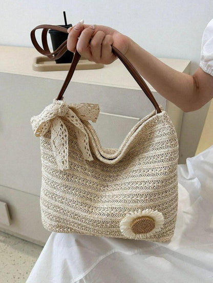 Chic Sunflower Woven Tote Bag,