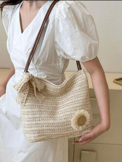 Chic Sunflower Woven Tote Bag,