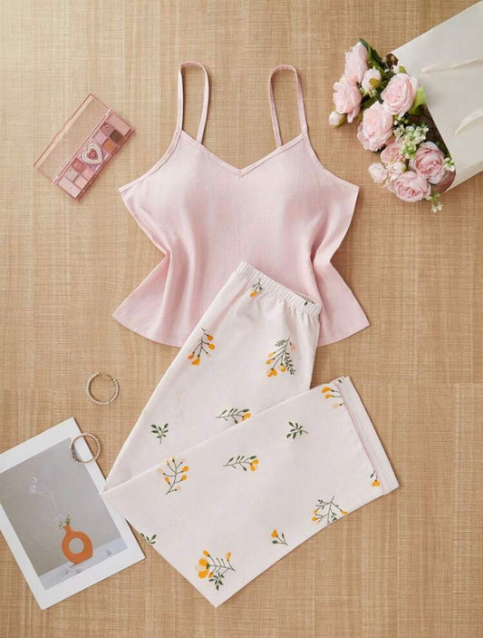 CottageSlumber Women's Solid Color Camisole Top And Botanical Print Pants Pajama Set
