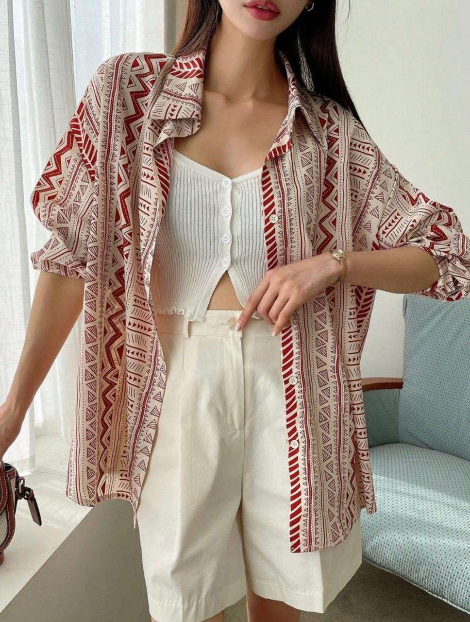DAZY Geo Print Drop Shoulder Button Front Shirt