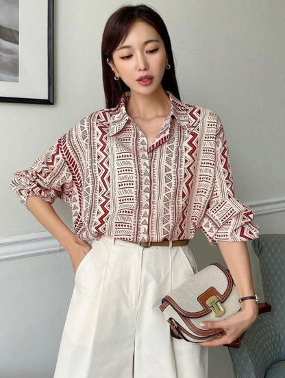 DAZY Geo Print Drop Shoulder Button Front Shirt