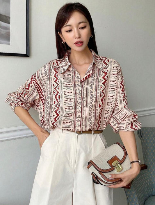 DAZY Geo Print Drop Shoulder Button Front Shirt