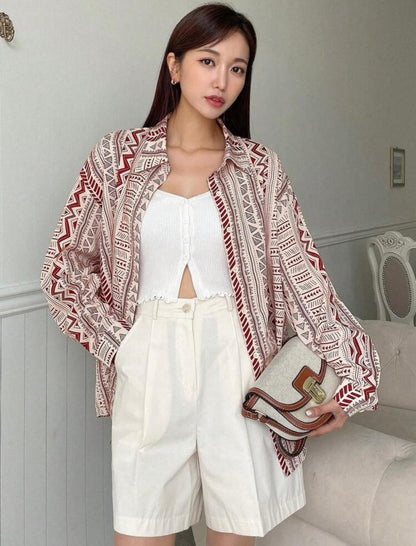 DAZY Geo Print Drop Shoulder Button Front Shirt
