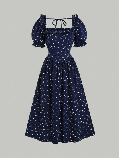 Sweetra Puff Sleeve Floral Print Dress Maxi Women Outfit
