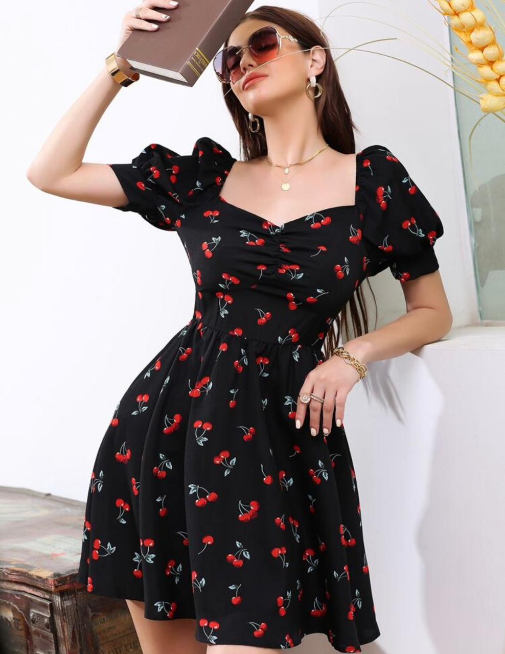 SHEIN Unity Cherry Print Puff Short Sleeve Dress