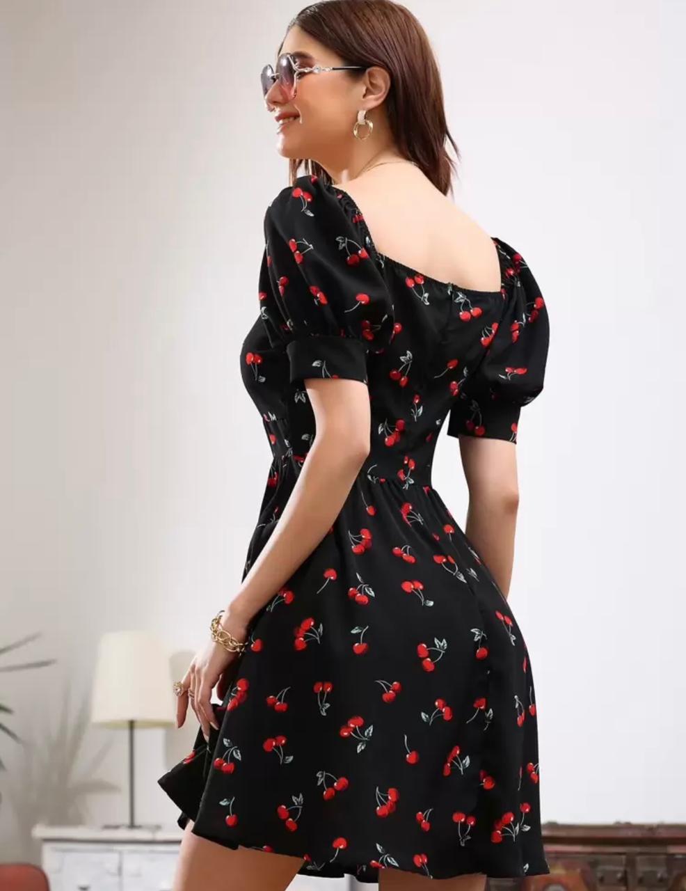 SHEIN Unity Cherry Print Puff Short Sleeve Dress