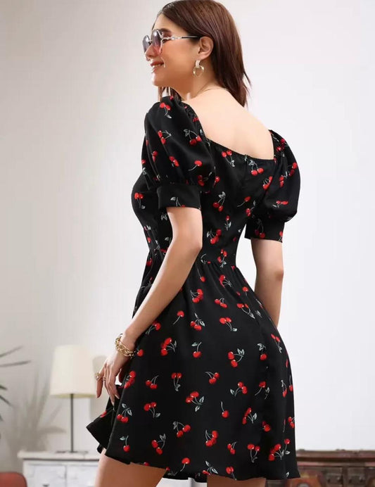 SHEIN Unity Cherry Print Puff Short Sleeve Dress