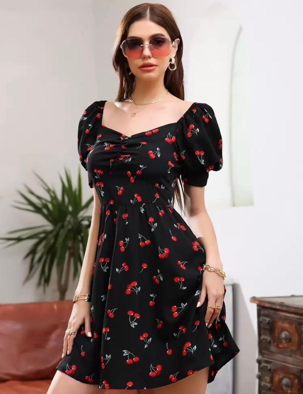 SHEIN Unity Cherry Print Puff Short Sleeve Dress