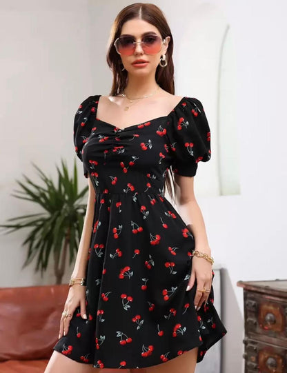 SHEIN Unity Cherry Print Puff Short Sleeve Dress