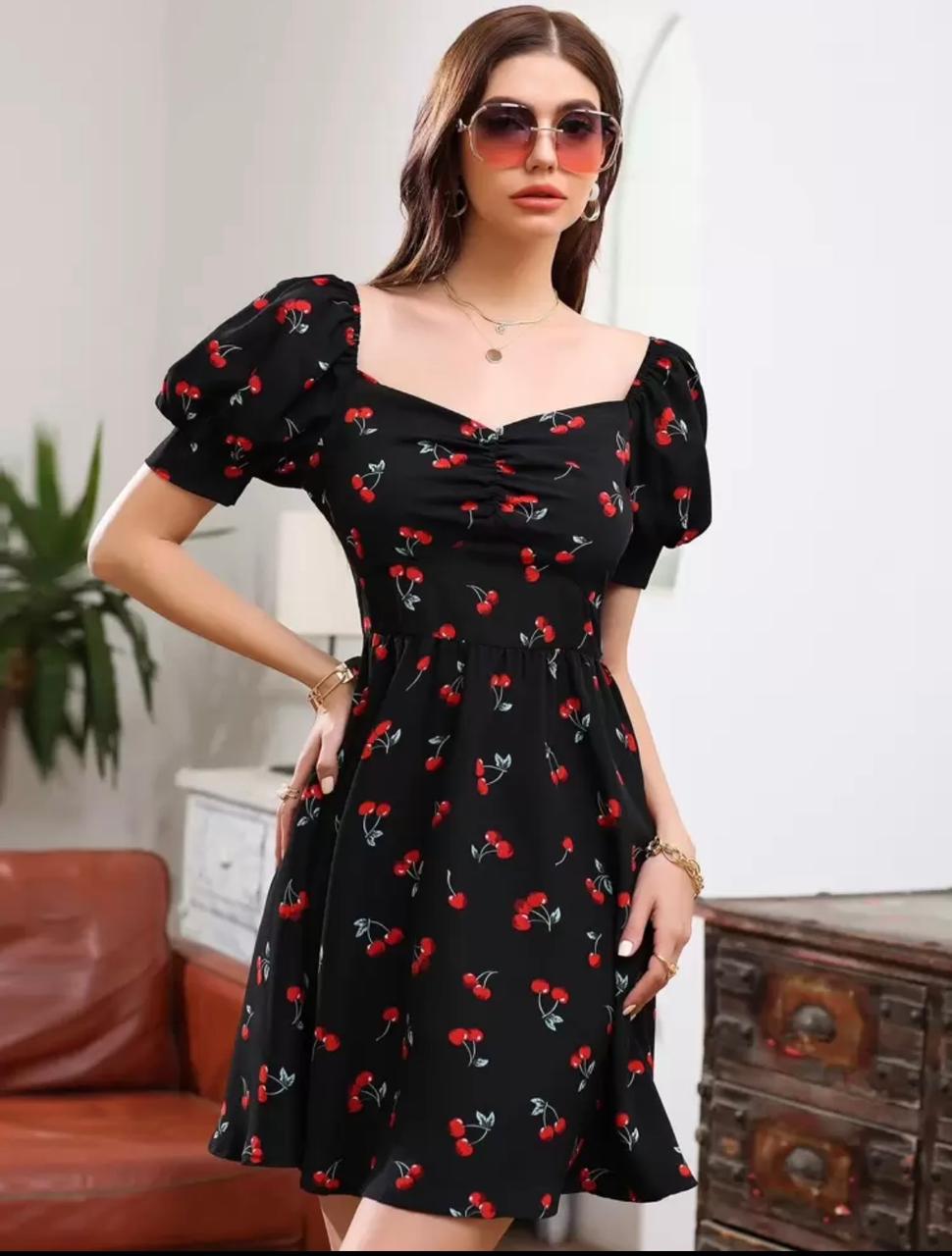 SHEIN Unity Cherry Print Puff Short Sleeve Dress