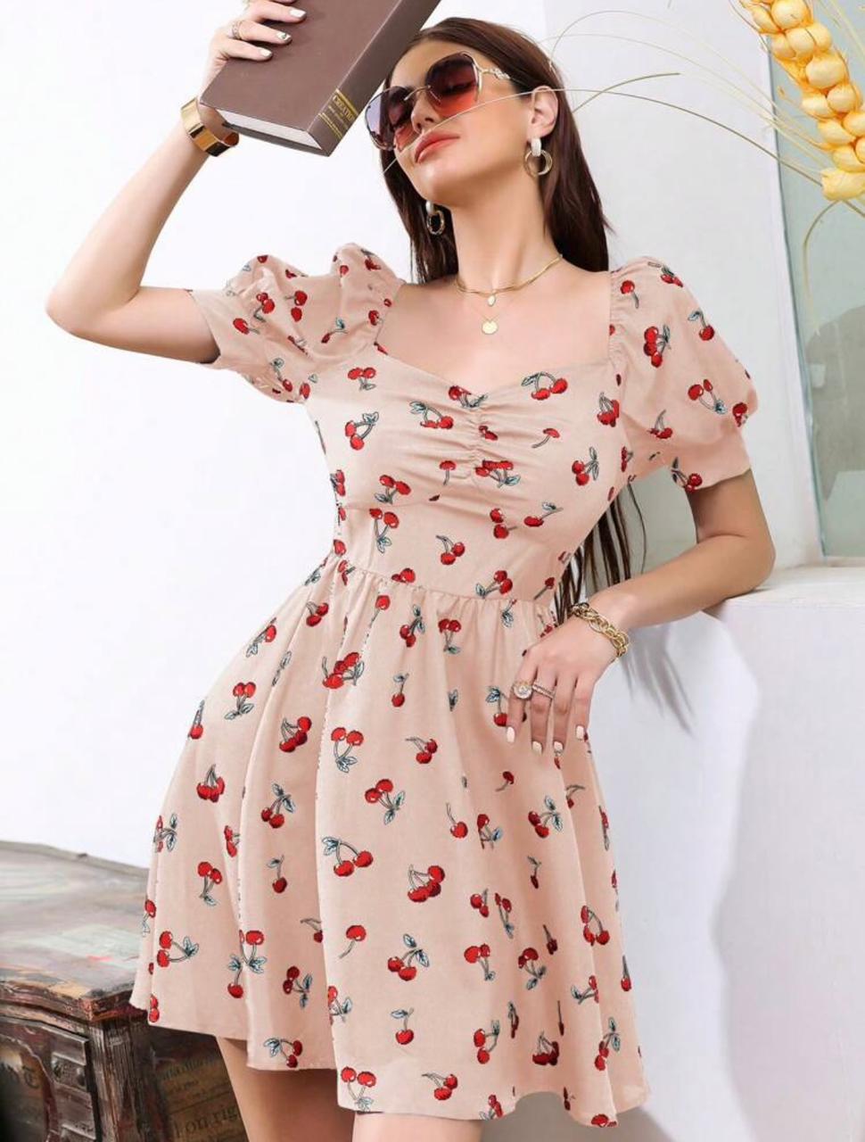 SHEIN Unity Cherry Print Puff Short Sleeve Dress