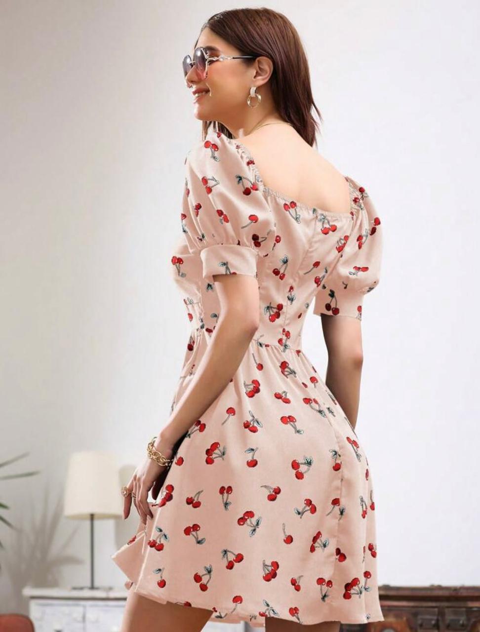 SHEIN Unity Cherry Print Puff Short Sleeve Dress
