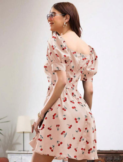 SHEIN Unity Cherry Print Puff Short Sleeve Dress
