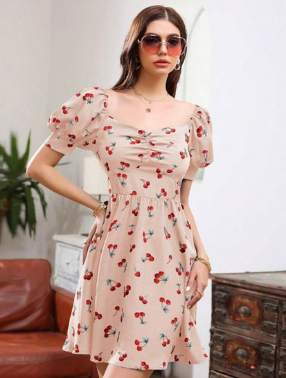 SHEIN Unity Cherry Print Puff Short Sleeve Dress