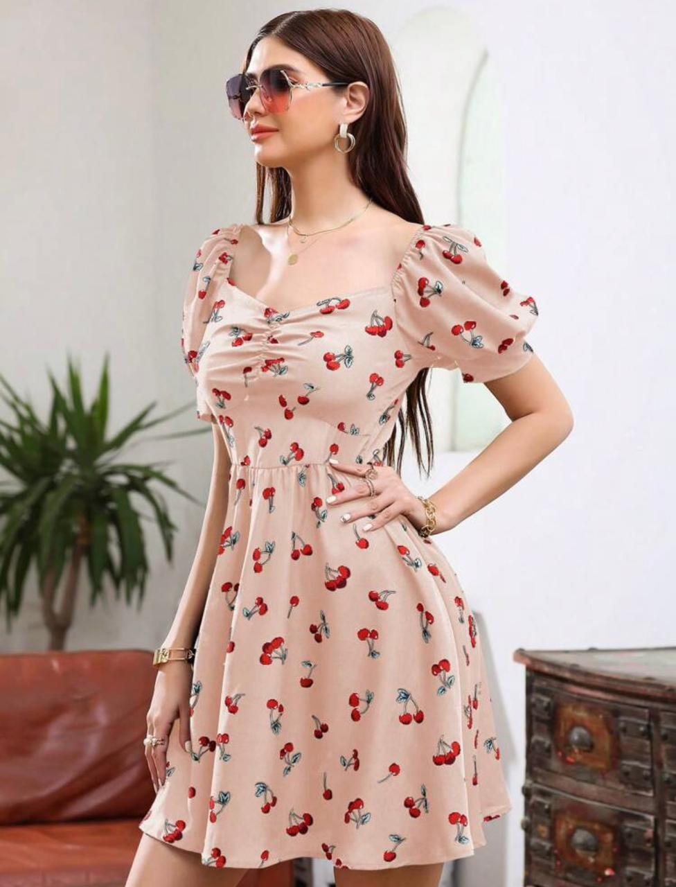 SHEIN Unity Cherry Print Puff Short Sleeve Dress