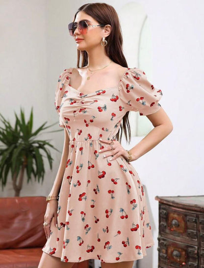 SHEIN Unity Cherry Print Puff Short Sleeve Dress