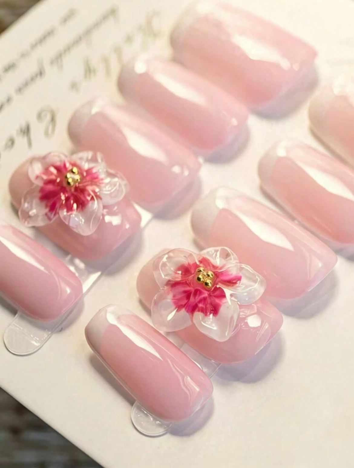 10pcs French Embossed Hand-Painted Pink Manicure