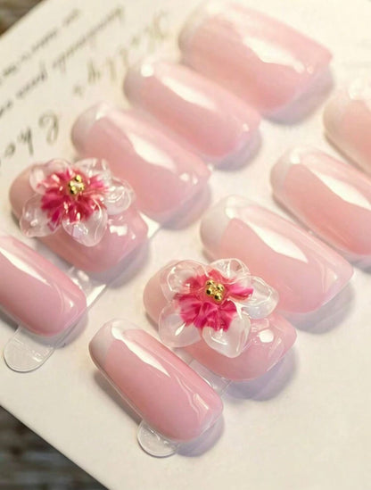 10pcs French Embossed Hand-Painted Pink Manicure