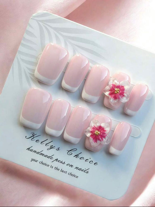 10pcs French Embossed Hand-Painted Pink Manicure