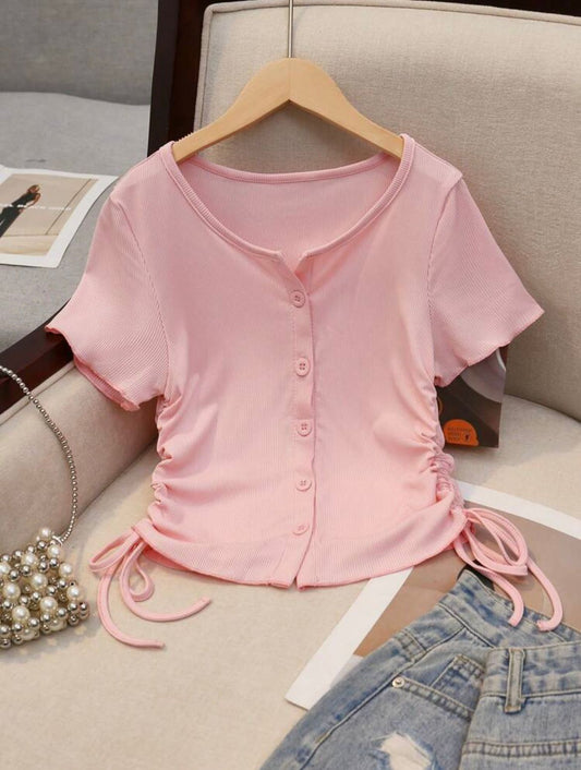 Solid Color Drawstring Round Neck T SHIRT